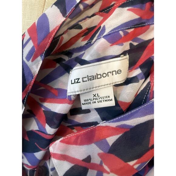 Liz Claiborne Shirt Womens XL Red Blue White Sleeveless Button Up Sheer Top - Picture 7 of 7
